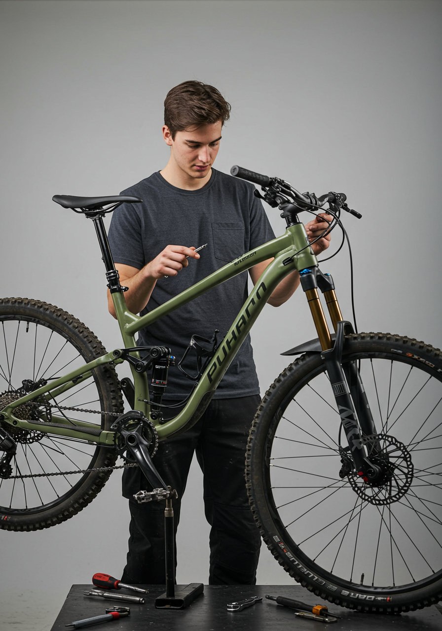 Técnico a reparar bicicleta